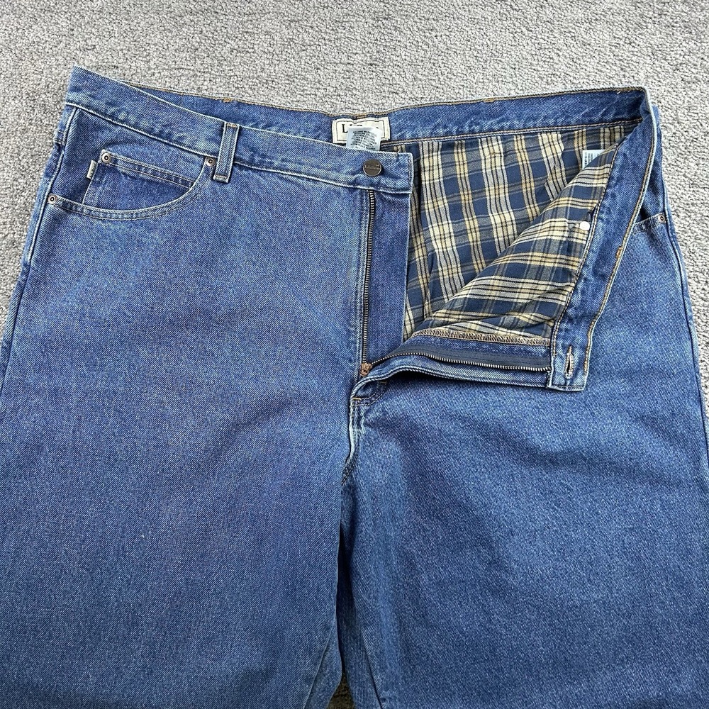 LL Bean Mens 44x32 Natural Fit Flannel Lined Jeans Blue Denim Plaid 130657